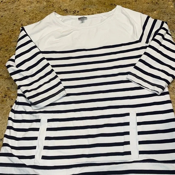Talbots striped sweatshirt navy blue white cotton kangaroo pocket pullover X - Picture 1 of 10
